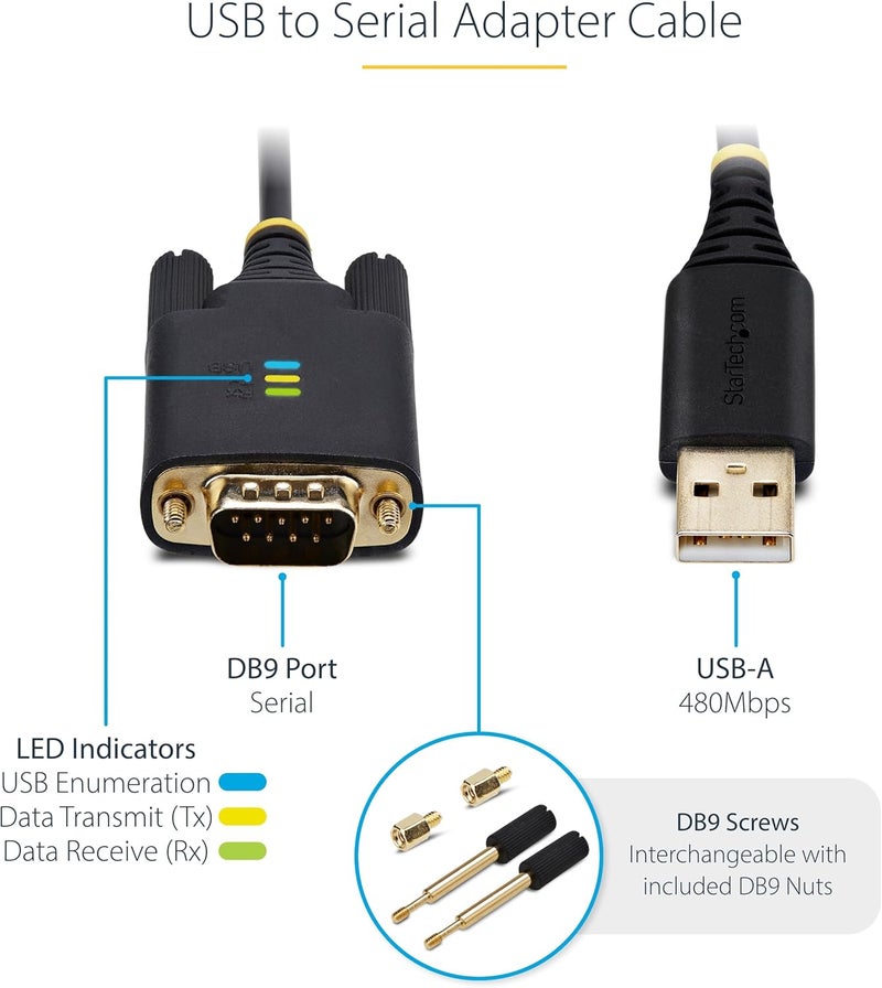 Star Tech 6.6ft/2m USB to Serial Adapter Cable, COM Retention, FTDI, USB-A to DB9 RS232, Interchangeable DB9 Screws/Nuts - Image 4